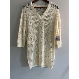 Relativity Open Knit Sweater XL Cream Pearl White Crochet Pullover Tunic Top